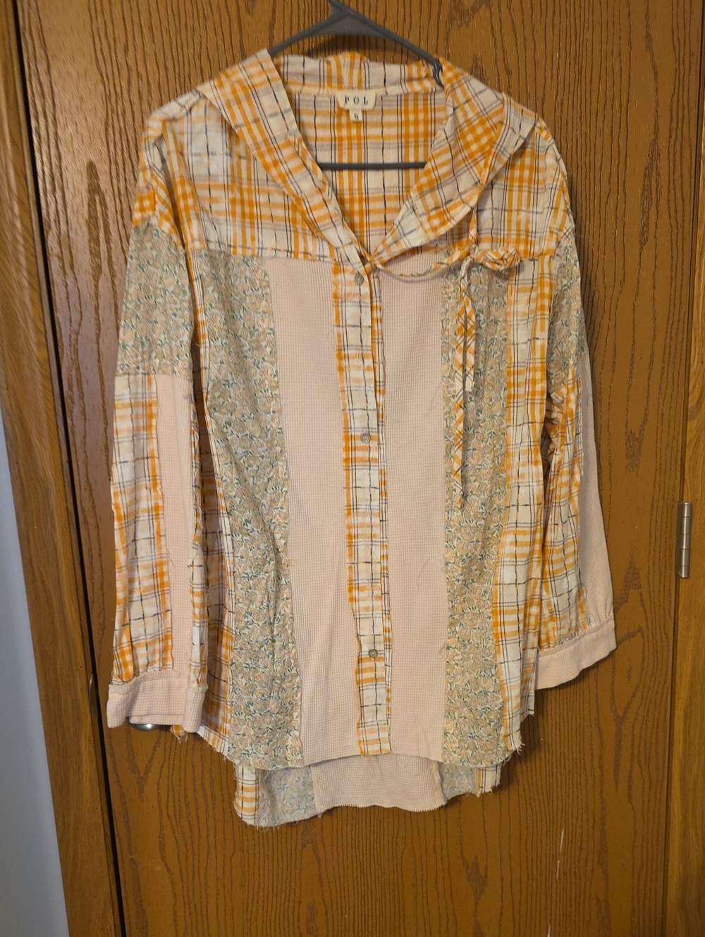 Woodland Patchwork Plaid & Floral Button-Up Top - Yellow Cream Ptp 23, L 29 NWOT